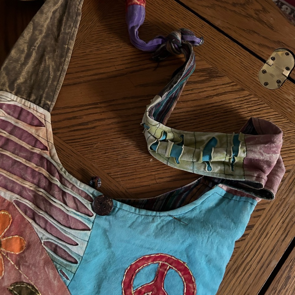 Vintage Nepal Cotton Patchwork Peace Printed Shou… - image 3